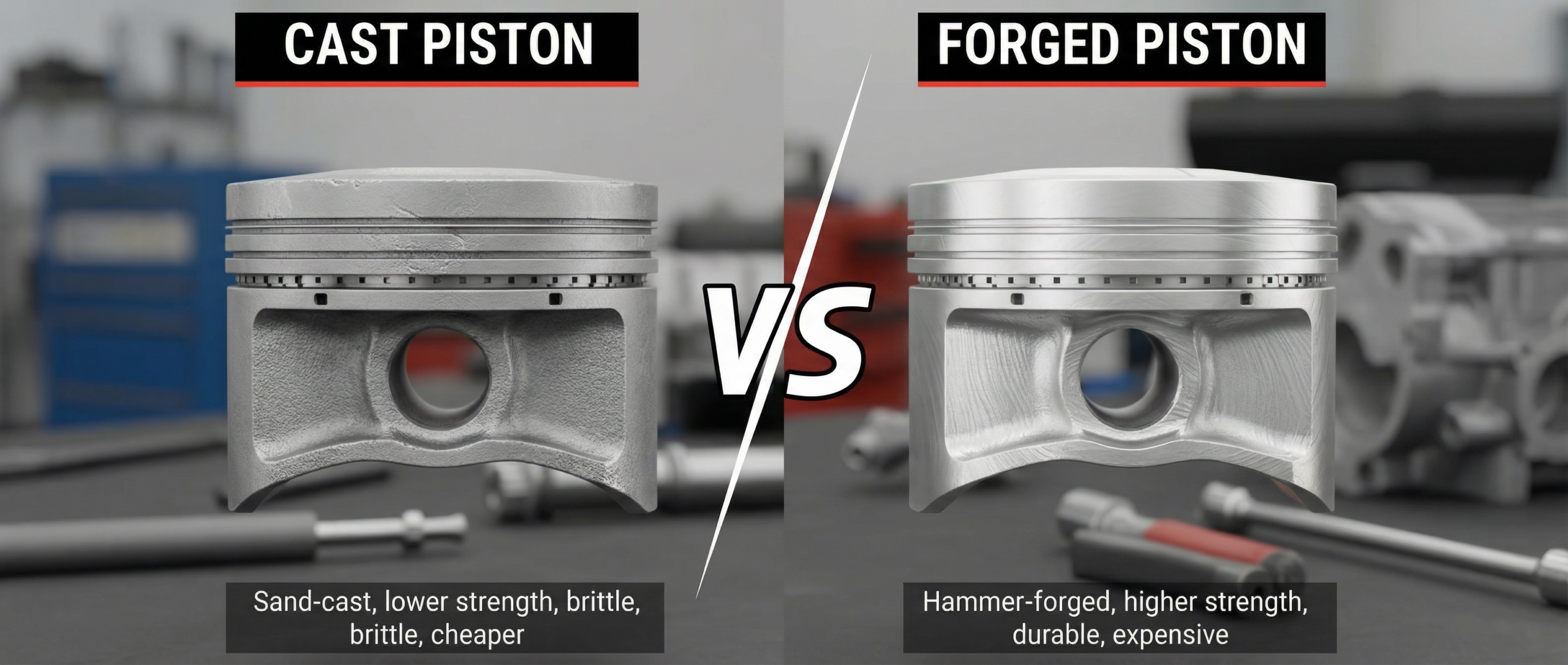 A vs image of a cast piston vs forged piston.