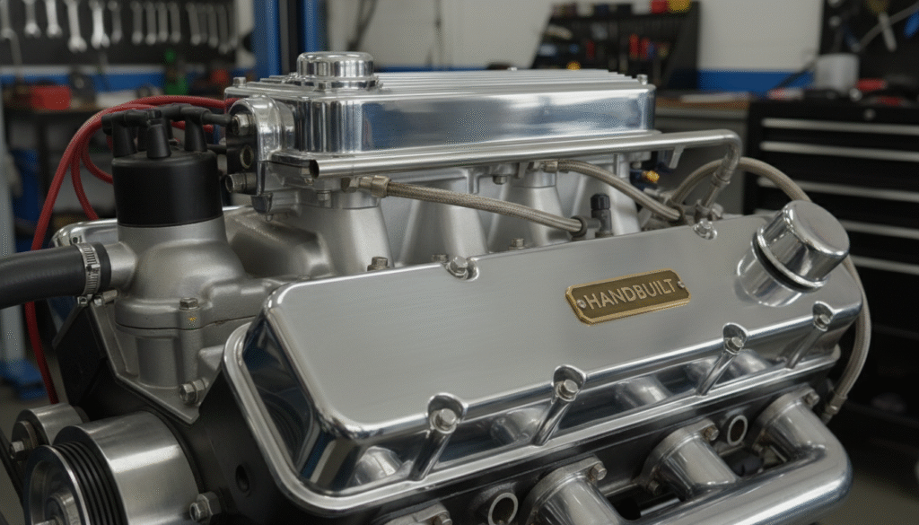 Close-up of a clean, well-maintained engine block