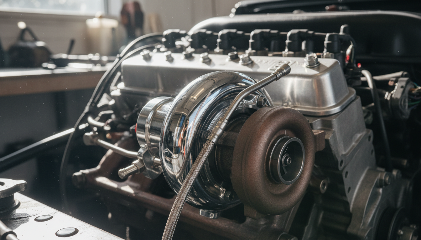 A close-up of a shiny turbocharger with engine components in the background.