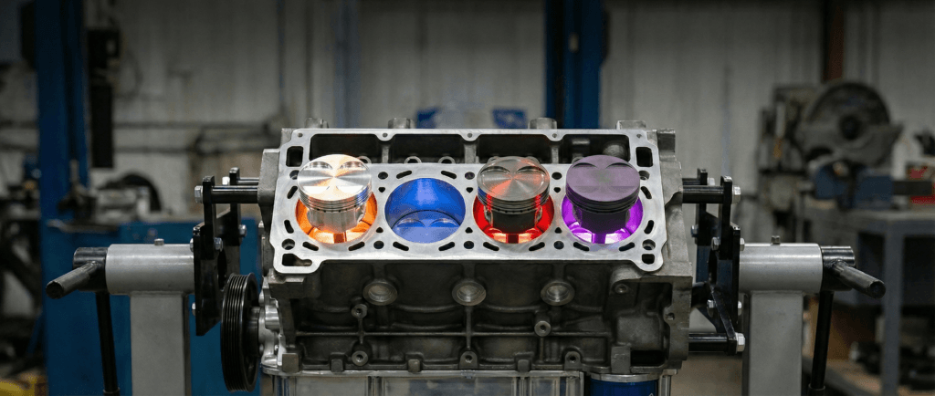 A petrol engine with pistons highlighted.