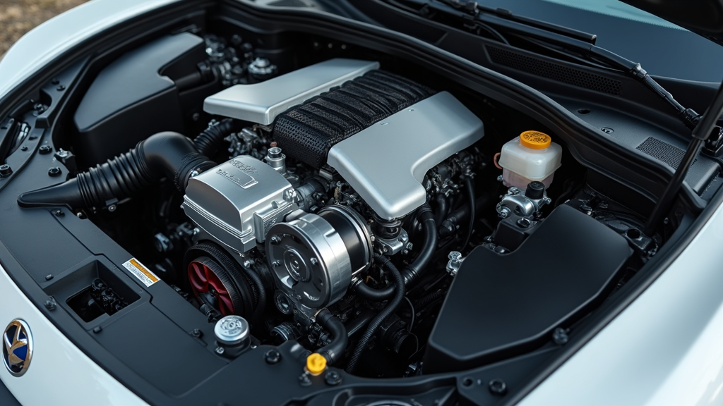 A modern hybrid engine system inside a car, showing both electric and gasoline components