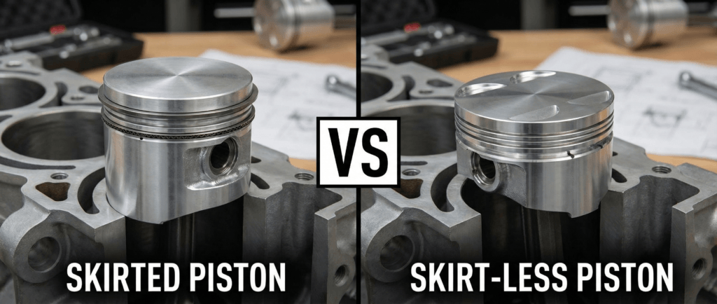 A vs image of a skirted vs skirt-less piston
