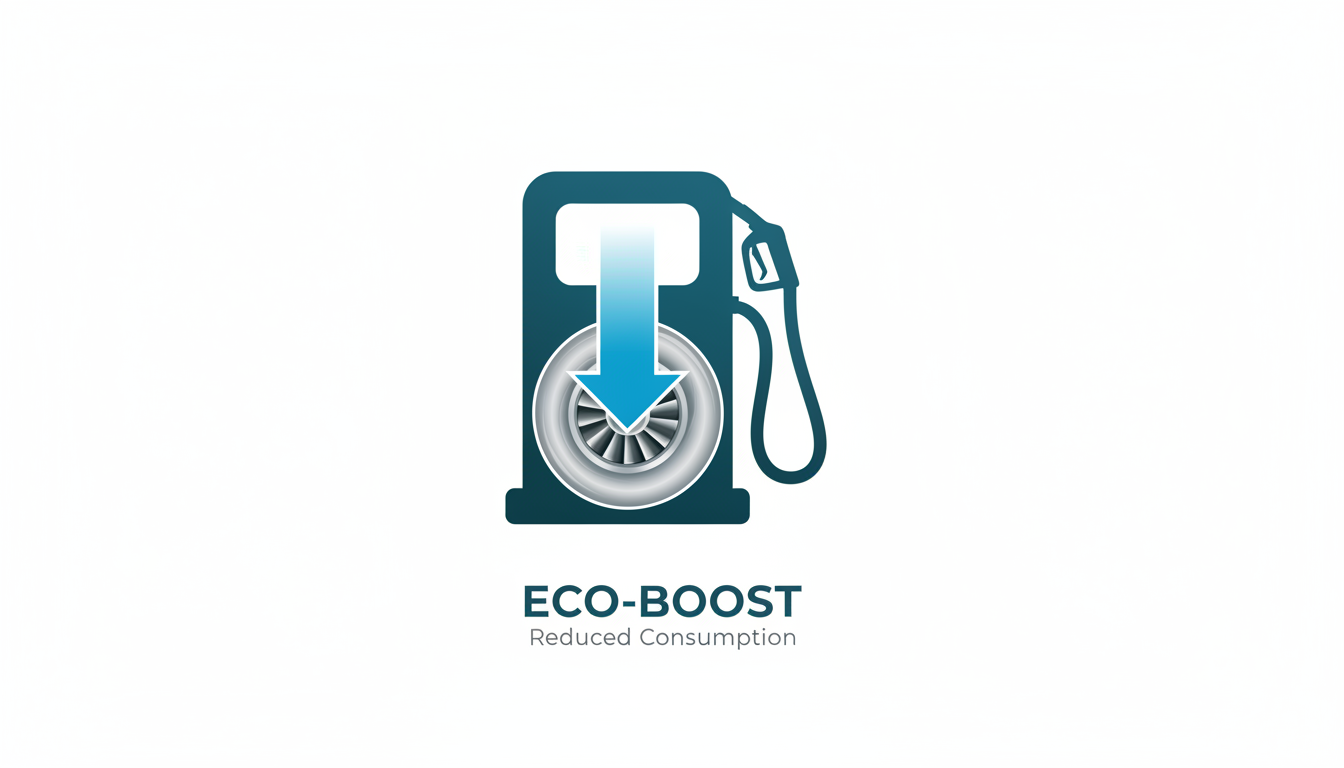 A fuel pump icon with a downward arrow, blending with a turbo image to show reduced consumption.