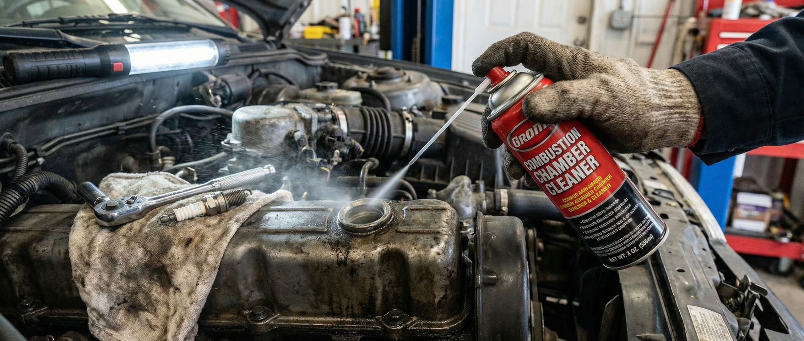 A realistic shot showing an aerosol combustion-chamber cleaner being applied through the spark plug opening — directly related to “cleaning pistons without removal.”