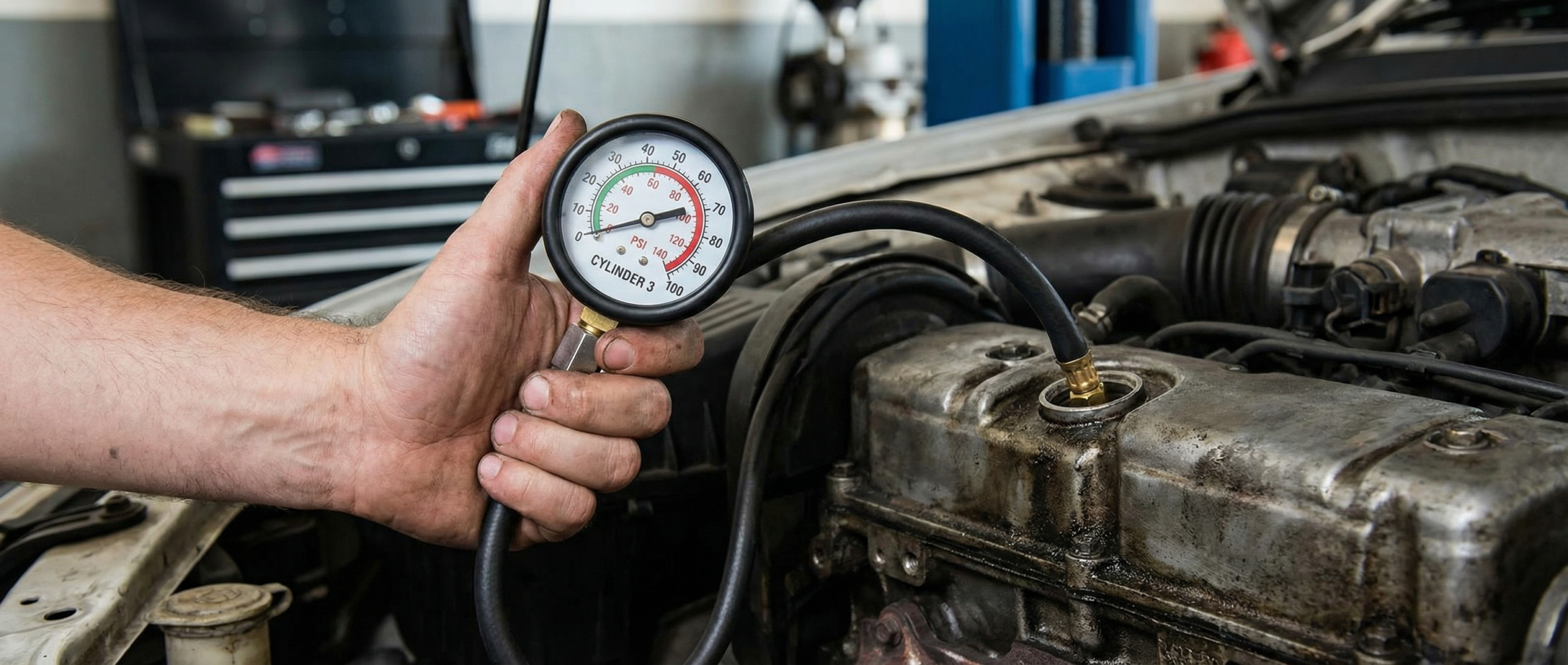 A compression gauge attached to the engine, showing low or uneven readings.
This visually represents a key diagnostic method for bad pistons.