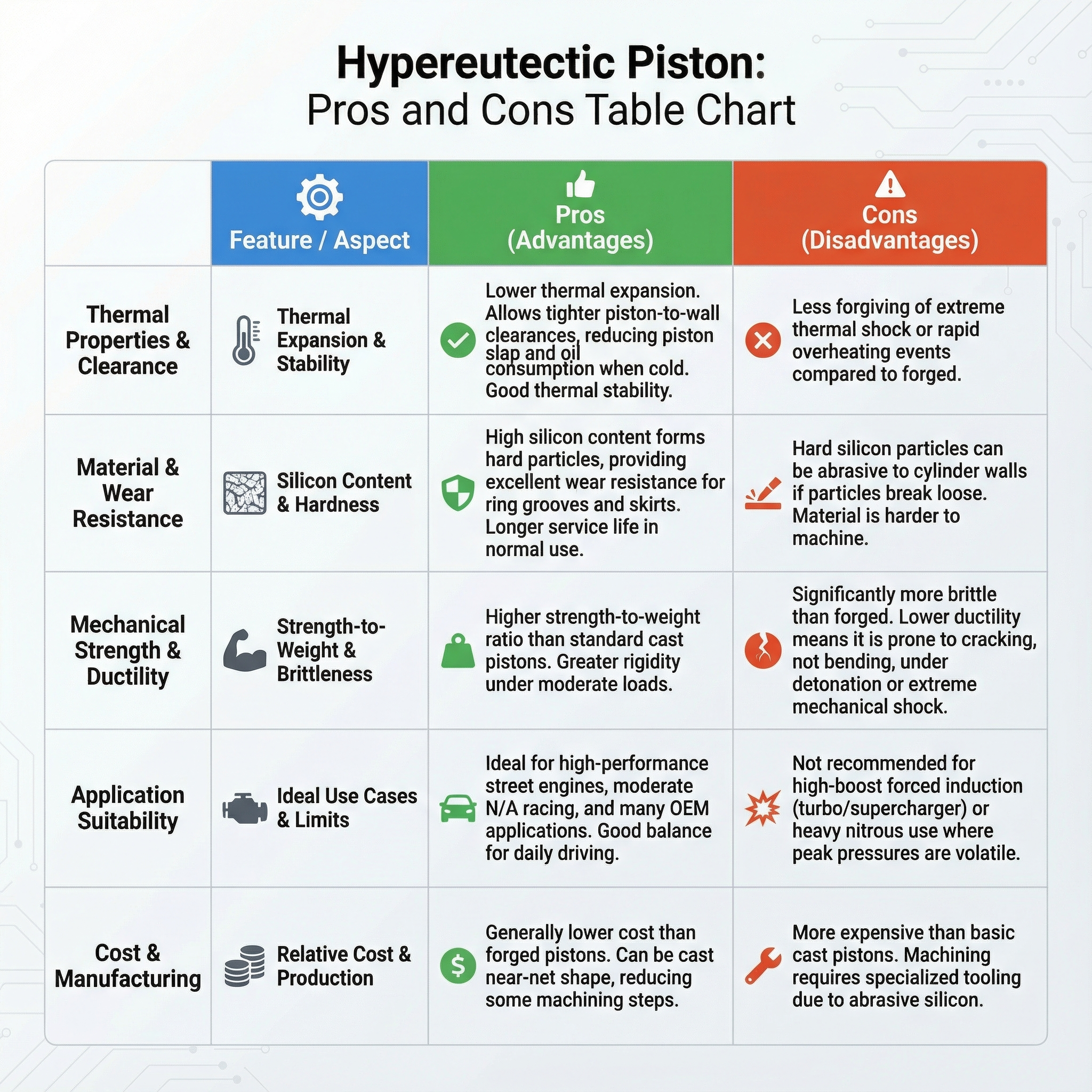 Table chart showing pros and cons of  hypereutectic Pistons