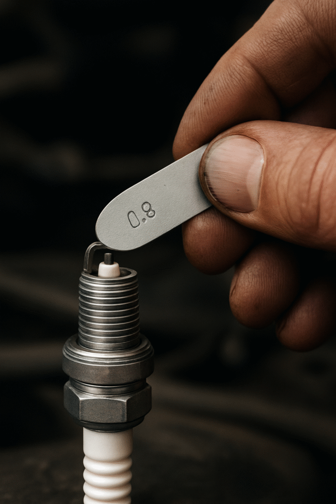 A mechanic using a spark plug gap gauge to measure the distance between the center and ground electrodes of a spark plug.