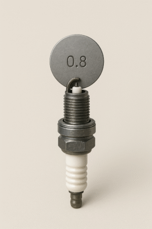 A spark plug with a round gap gauge inserted between the electrodes.
