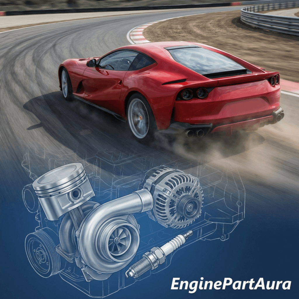 Sports car in motion with engine parts highlighting power and reliability - EnginePartAura